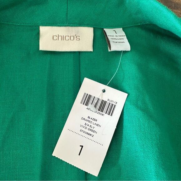 Chicos Womens Draped Linen Blazer Cropped Vivid Green 3/4 Sleeves New NWT Medium - Picture 3 of 4